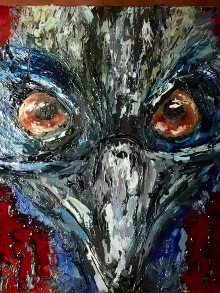Cassowary bird, original mix media oil painting on canvas board,agressive exotic birds wall art, handmade mix media art home decoration