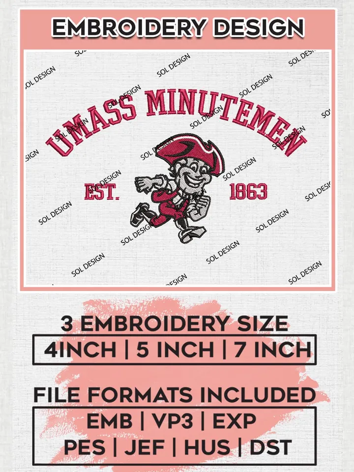 UMass Minutemen Est 1863 Logo Embroidery Designs, NCAA UMass Minutemen Team Embroidery, NCAA Team Logo, 3 sizes, Machine embroidery Files, Digital Download