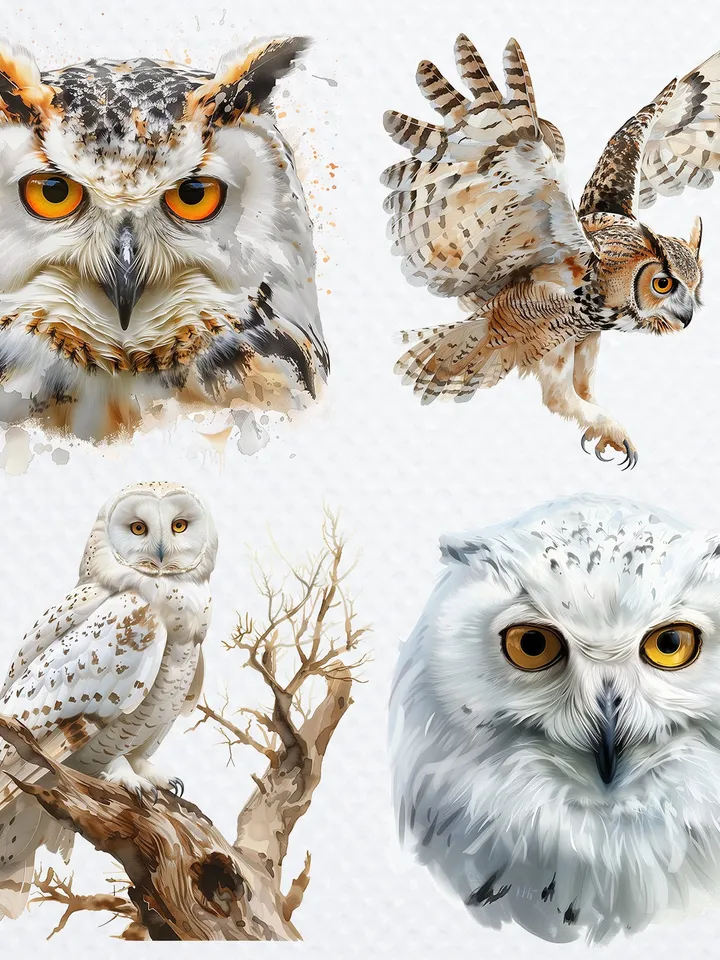 13 PNG Snow and Barn Owl Bundle, Watercolor Owl Clipart for sublimation, Cute Owl Clip Art, Digital Watercolor clipart, Printable print