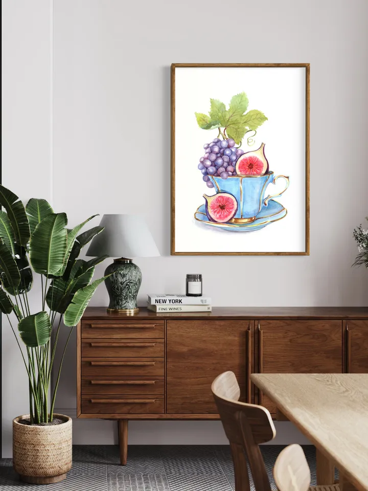 Tea Cup Watercolor Painting Print Fruit Watercolor Tea Lovers Vintage Tea Cup Art Figs Tea Party Decor Gift For Tea Lover Print Wall Art