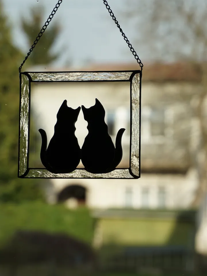 Two Black Cats in Frame Stained glass window hanging Suncatcher . Gift for animal lover , pet loss memorial