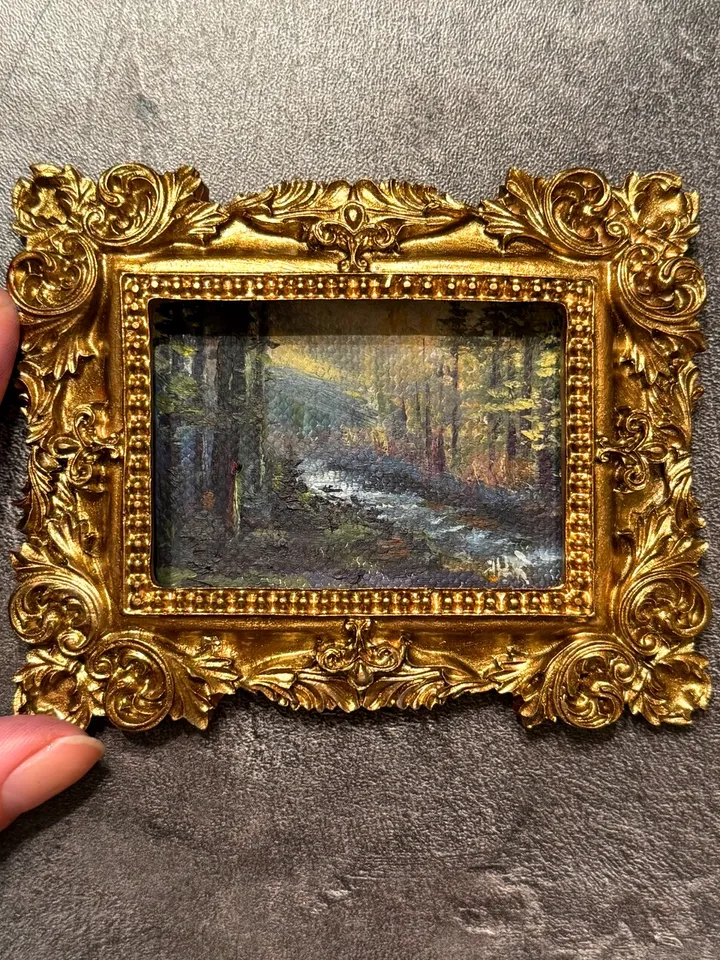 Small Landscape Painting Framed Original Enchanted Forest Painting Antique Misty Art Coastal Gold Frame Tiny Paintings 3 x 4 Art Dark Cottagecore artwork