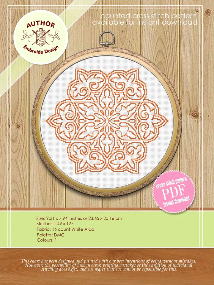 Mandala cross stitch pattern download PDF, Snowflake ornament cross stitch, Monochrome cross stitch chart, Mandala hand embroidery PDF #M24