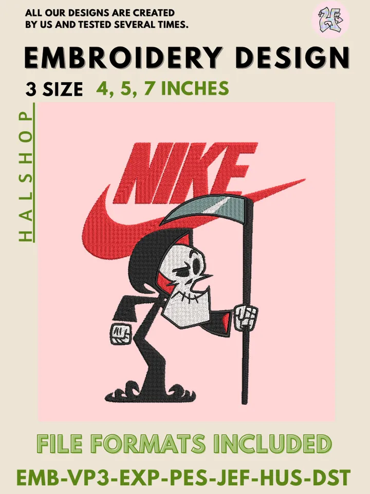 Grim x Nike Machine Embroidery Design – Cartoon Reaper Digital Embroidery File 💀