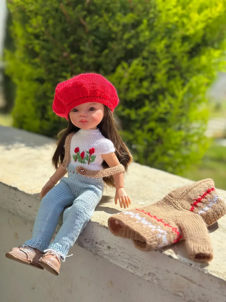 5 ITEMS Set: Cardigan, T-Shirt, Beret, Jeans, Shoes - Exclusive Handmade Outfit - Paola Reina Doll