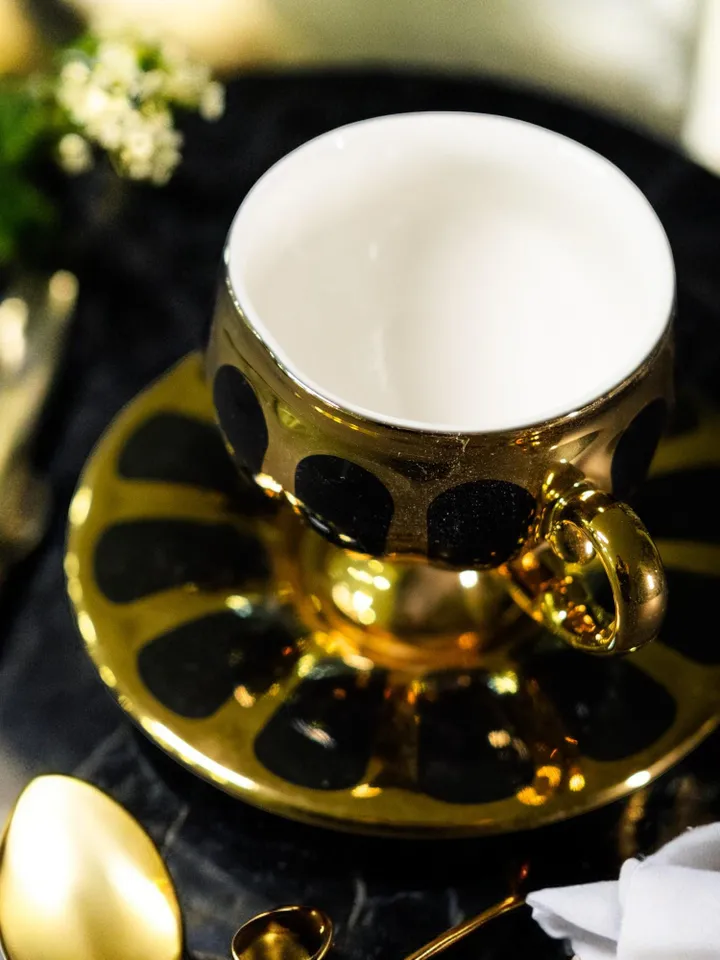 Black And Gold Colour Porcelain Tea Cups and Saucers | Tea Cups Saucers Set | Porcelain Set | Elegant Teaware | Gift For Tea Lovers