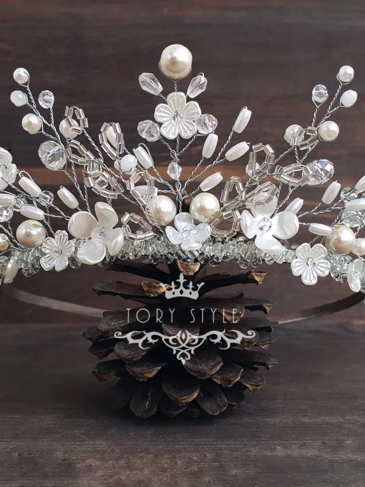 Pearl crown, flower tiara, white crown, bridal headpiece, wedding tiara, baby crown,White tiara, Wedding headpiece,Bride