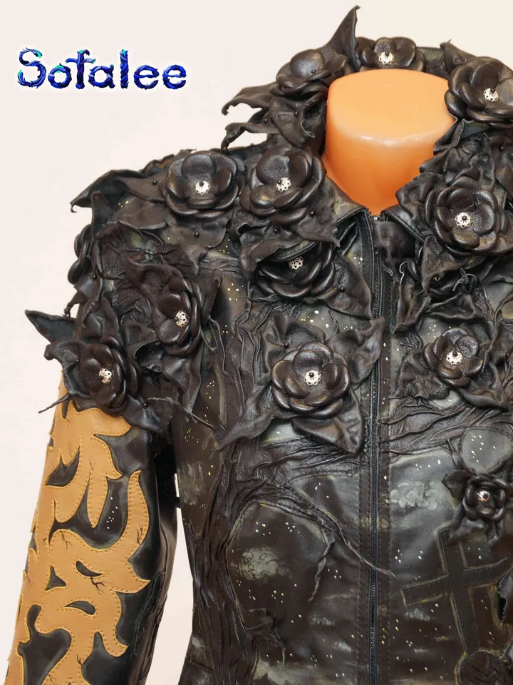 The luxury 3D floral women's Jacket of black genuine leather with beige application,Handmade aristocratic style clothing
