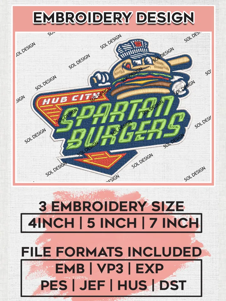 MiLB Hub City Spartanburgers Embroidery Design Files, MiLB Hub City Spartanburgers Logo, Minor League Baseball Logo Embroidery Designs, MiLB embroidery designs, Machine embroidery designs, Digital Download