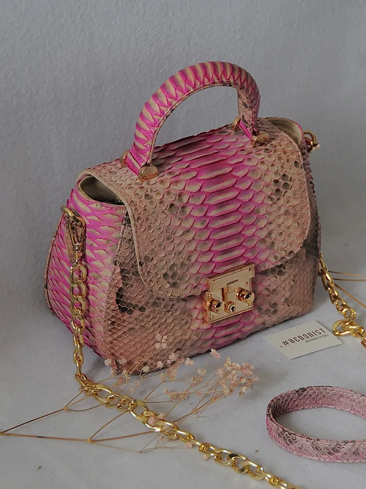 Genuine python top handle bag / designer bag / exotic leather bag / baby pink multicolor summer bag / snake print designer classy purse