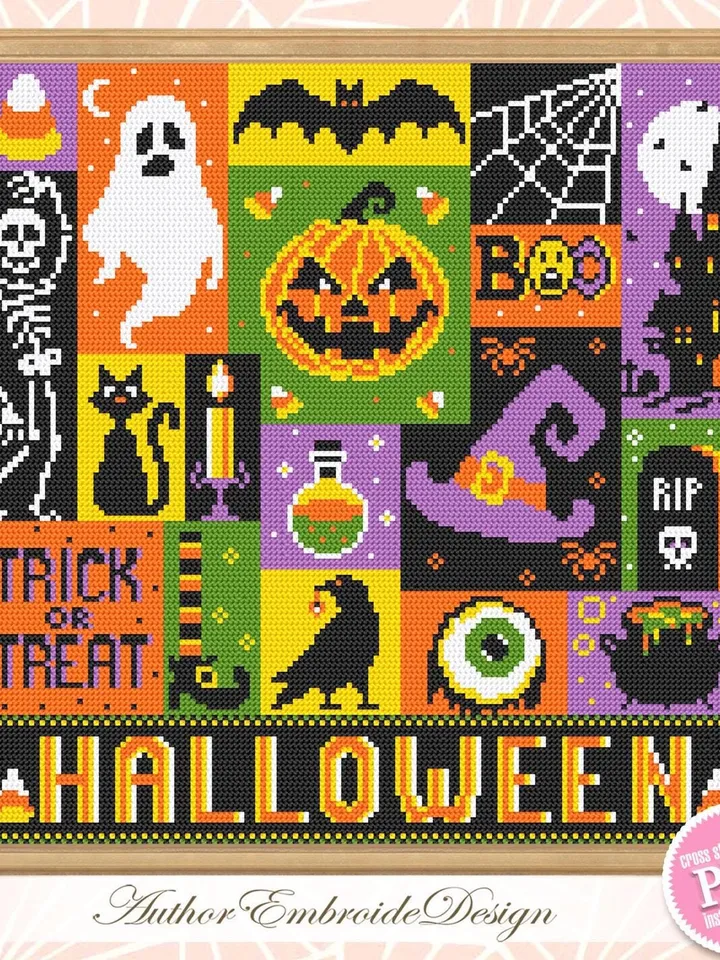 Halloween sampler cross stitch pattern PDF download Spooky cross stitch chart, Cute Halloween pattern digital PDF, Happy Halloween #H80