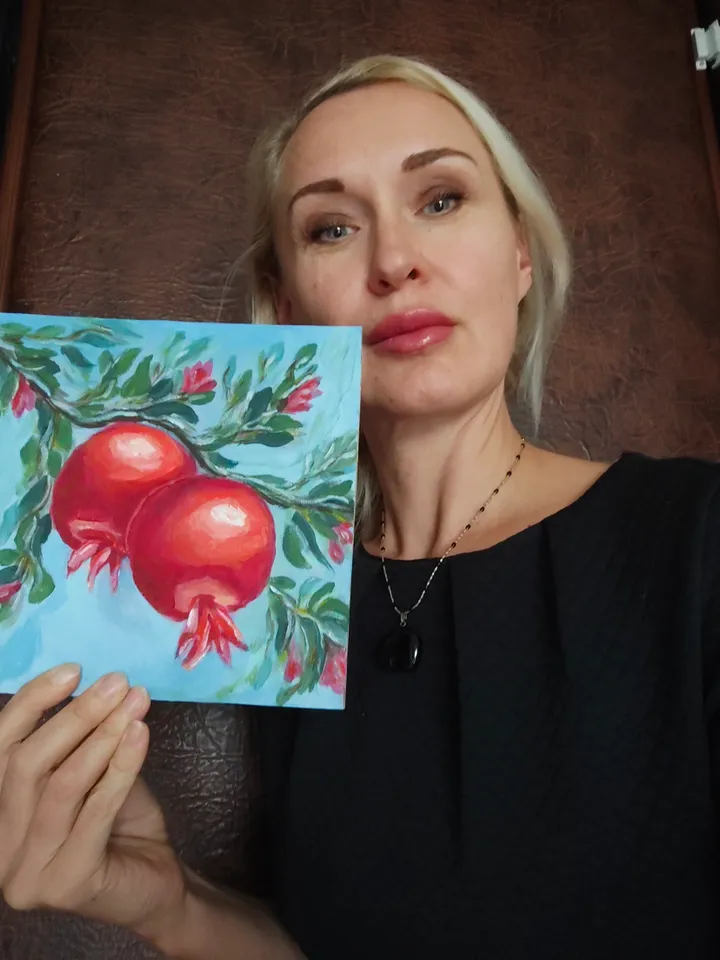 Pomegranate Original Painting Fruit Original Art Red Pomegranate Modern Artwork Red Fruit Wall Painting 8x8 inches by OlgaSokolova Art