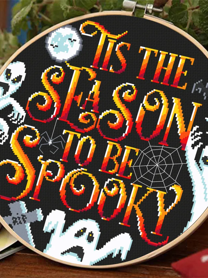 Halloween quotes cross stitch pattern download PDF Spooky ghost cross stitch chart, Tis the season to be spooky, Halloween cross stitch #H19