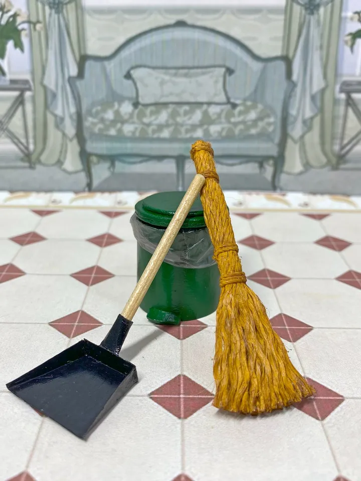 Household set for a dollhouse. Doll accessories, Broom, scoop, bucket.1:12