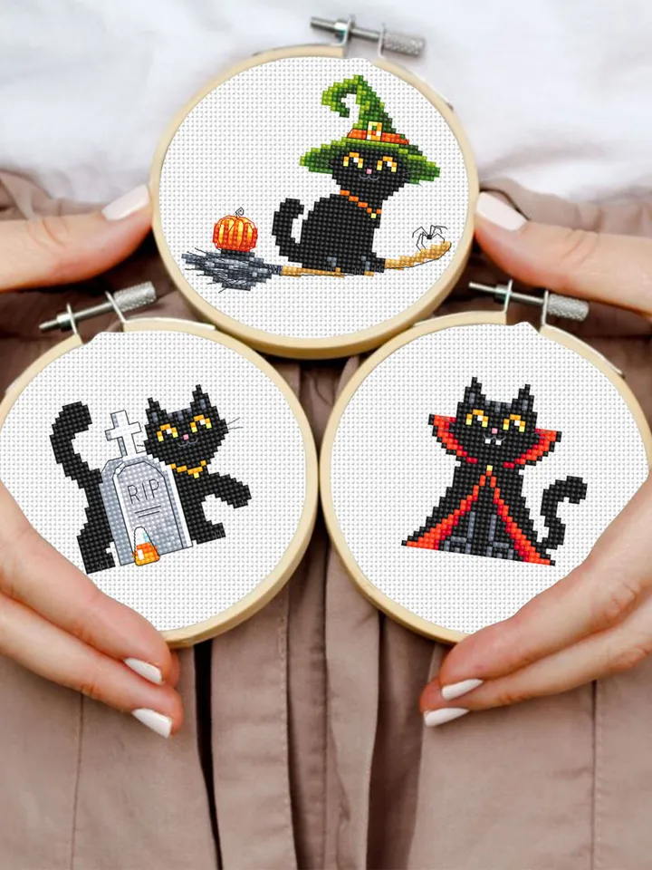 Set Halloween cats cross stitch pattern PDF download Black cat embroidery, Witch cat cross stitch chart, Vampire cat, Cat lover gift #H64