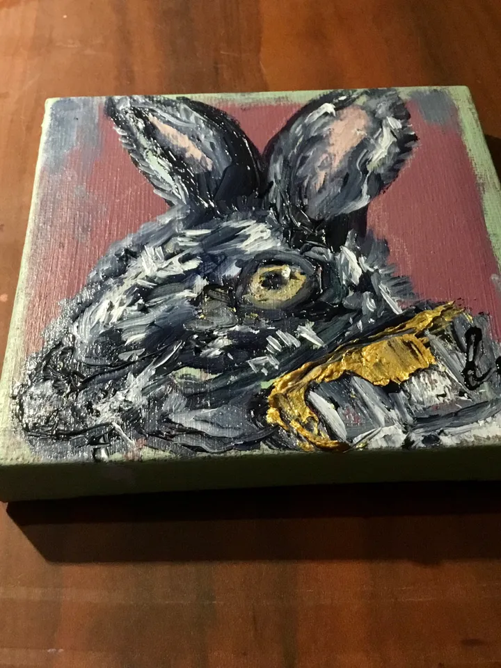 Set of 2 black rabbits painting,bunnies diptych painting original oil painting on small canvases,miniature love uniqie gift paintin