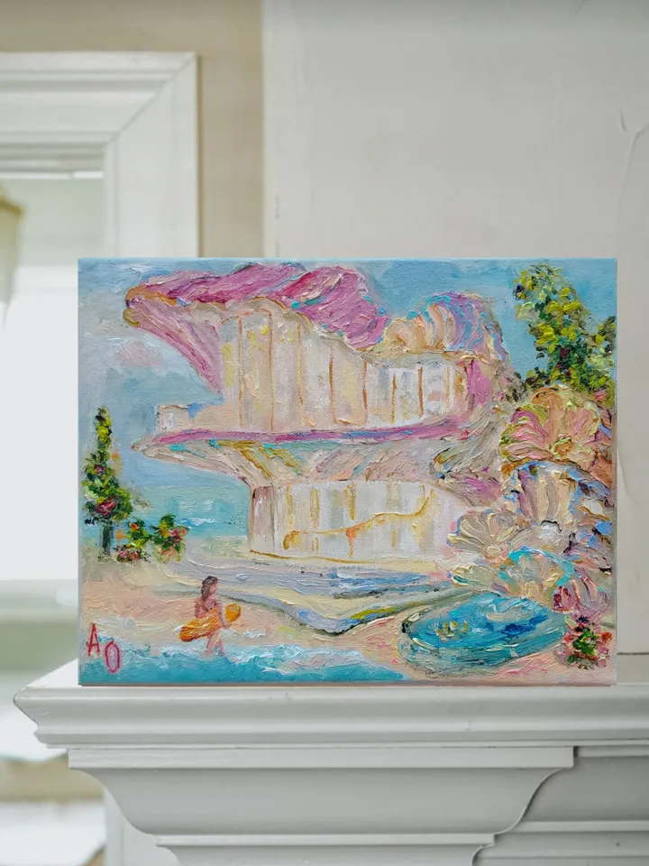 Oil painting on canvas "Shell house on the seashore"
25x20cm (10x8 inch)