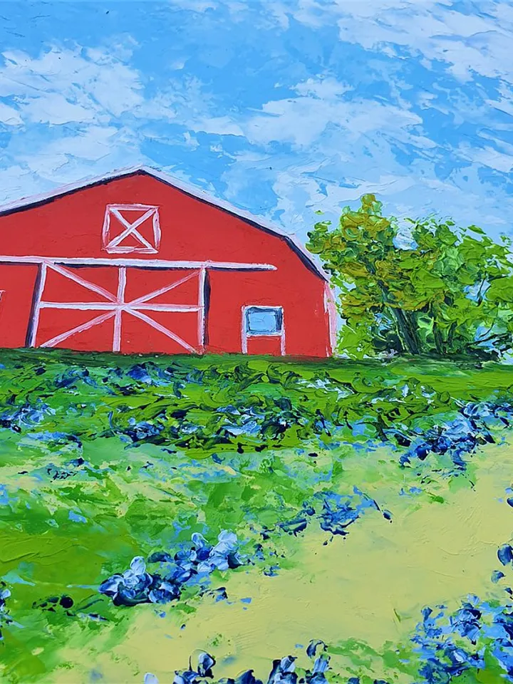 Red Barn Painting Bluebonnet Original Art Floral Wall Art Landscape Artwork