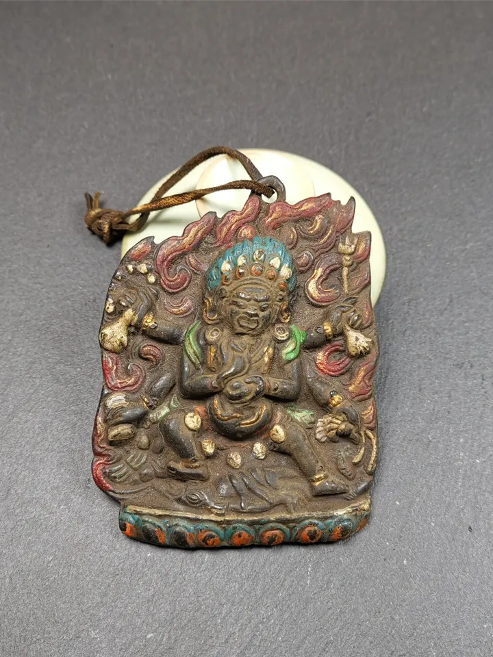 Gandhanra Antique Tibetan Buddha Statue,Mahakala Amulet Badge, Buddhist Protector Deity, Made of Thokcha