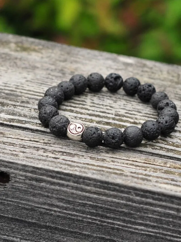 Lava Stone Bali Spiritual Ying Yang Bracelet Handmade | Genuine Lava Stone Black Oriental Bracelet Woman | Gemstone Women Sacred Bracelet
