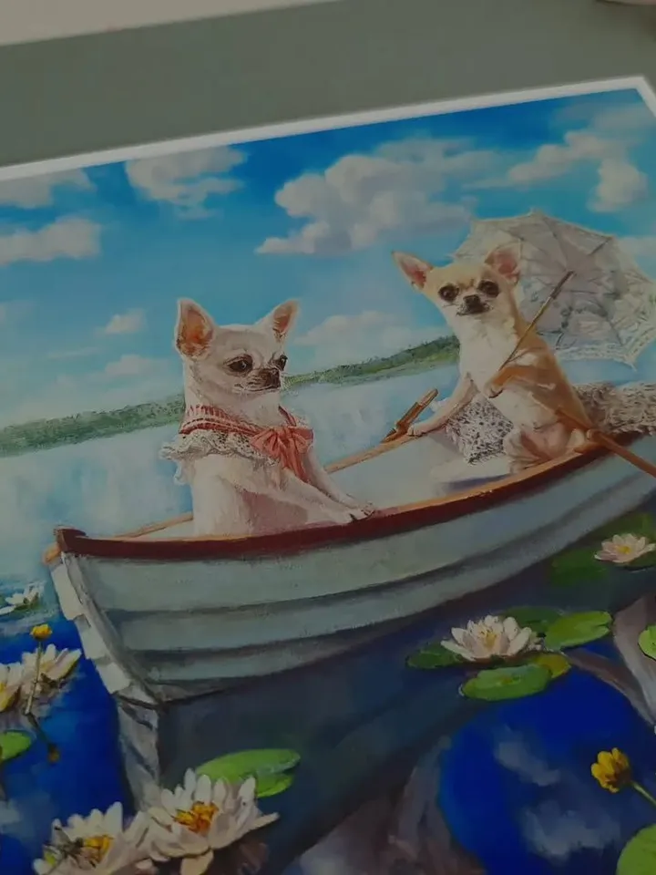 print of oil painting Chihuahua in a boat