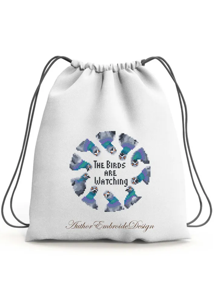 Funny pigeons cross stitch pattern PDF download Cross stitch quote The birds are watching, Small modern cross stitch chart Pigeon gifts #Q60