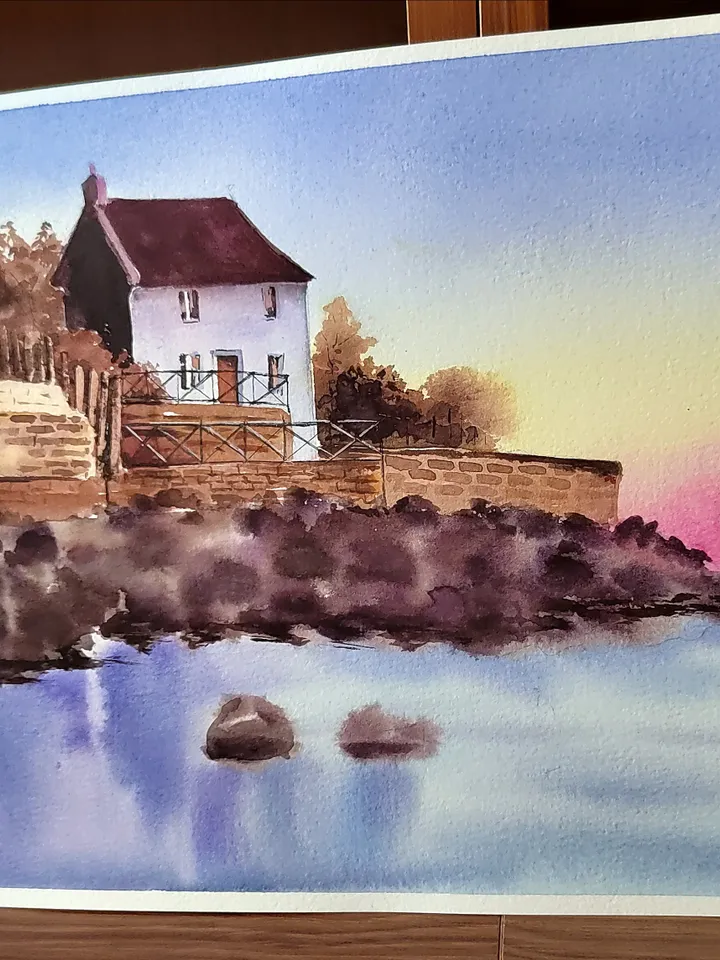 Coast Villa Painting Sunset Frejus Artwork Seascape in Watercolor Original Watercolor Painting 8.27x11.69 in by SoftWaves