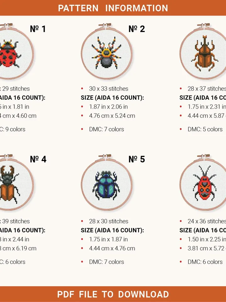 Bundle mini Insects 6 Cross stitch patterns, contemporary, Abstract, Ladybug, beginner, modern chart, gift DIY, embroidery, instant PDF