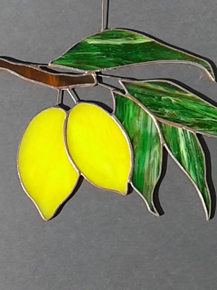 Yellow Lemons on Branch with Green Foliage . Art stained glass window hanging Suncatcher . Leaves leaf , Fruit Kitchen Decor