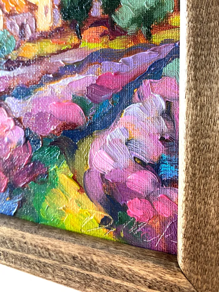 Lavender Fields Painting Tuscany Original Art Landscape Oil Painting Impasto Small Artwork 6x6 Tuscan Serenity Painting Wild Flowers