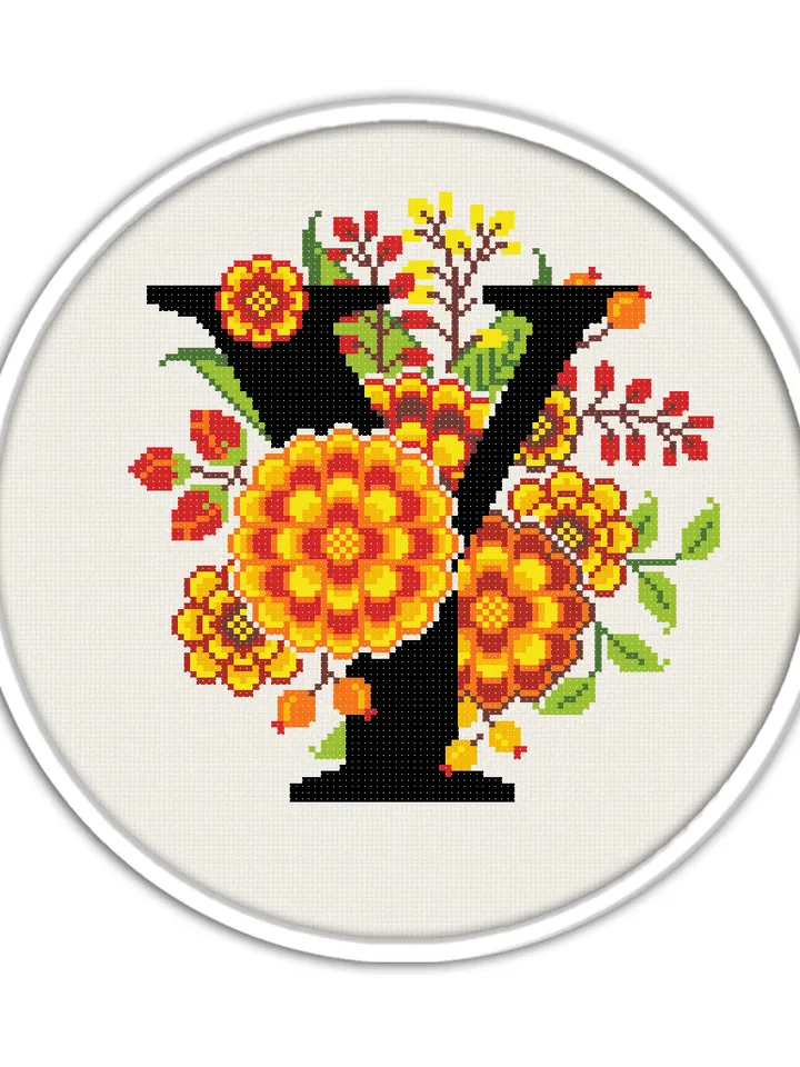 Autumn Monogram cross stitch pattern, Letter Y, Flowers cross stitch, Name cross stitch pattern, Birthday Cross Stitch