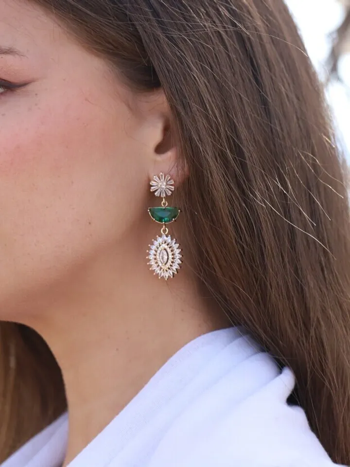 Art Deco Wedding Earrings, Gold Emerald Statement Bridal Earrings, Swarovski Ctystal Vintage Statement Wedding Jewelry, Boho Bridal Earrings