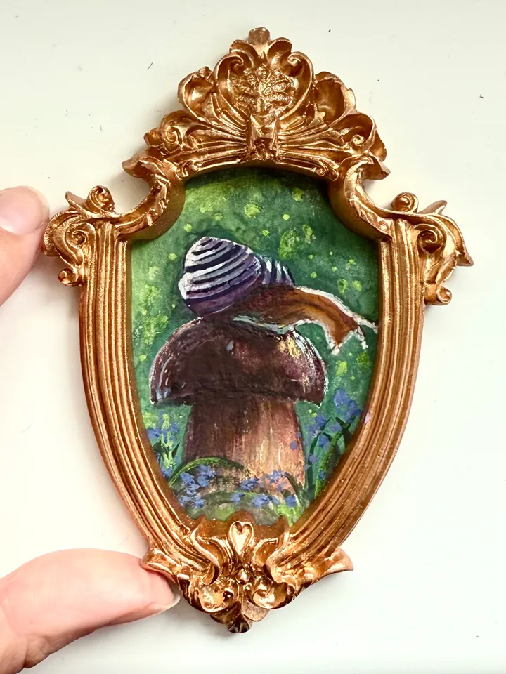 Snail Painting Original In Vintage Style Frame Small Framed Gobllincore Painting Art Slug Art Snail On Mushroom Portrait
