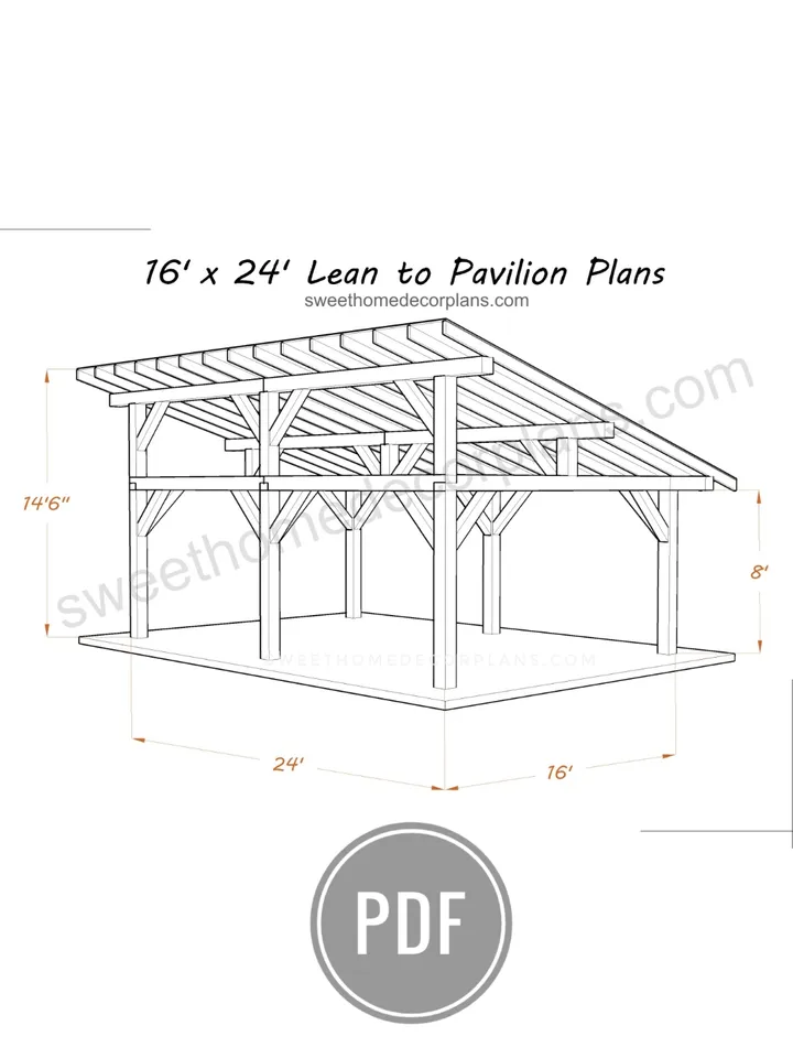 DIY 16 x 24 lean to pavilion plans pdf. Detached carport plans. Wooden covered gazebo outdoor plans. Timber frame backyard garage plans.