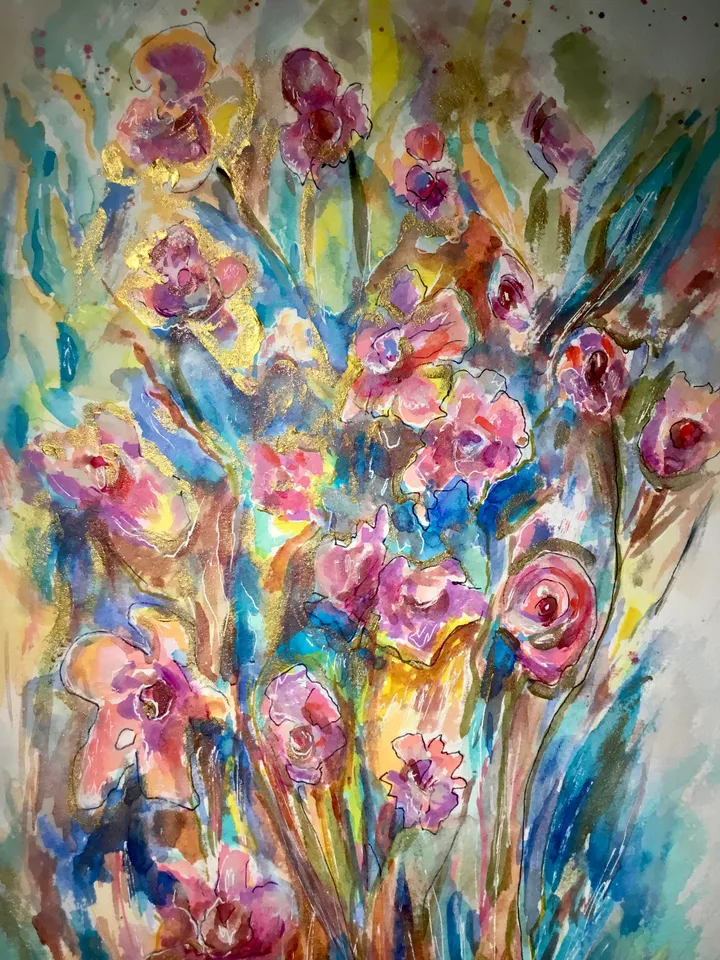 Flower fantasy original watercolor painting, flowers wall art, home decoration,gift,colourful flowers art.