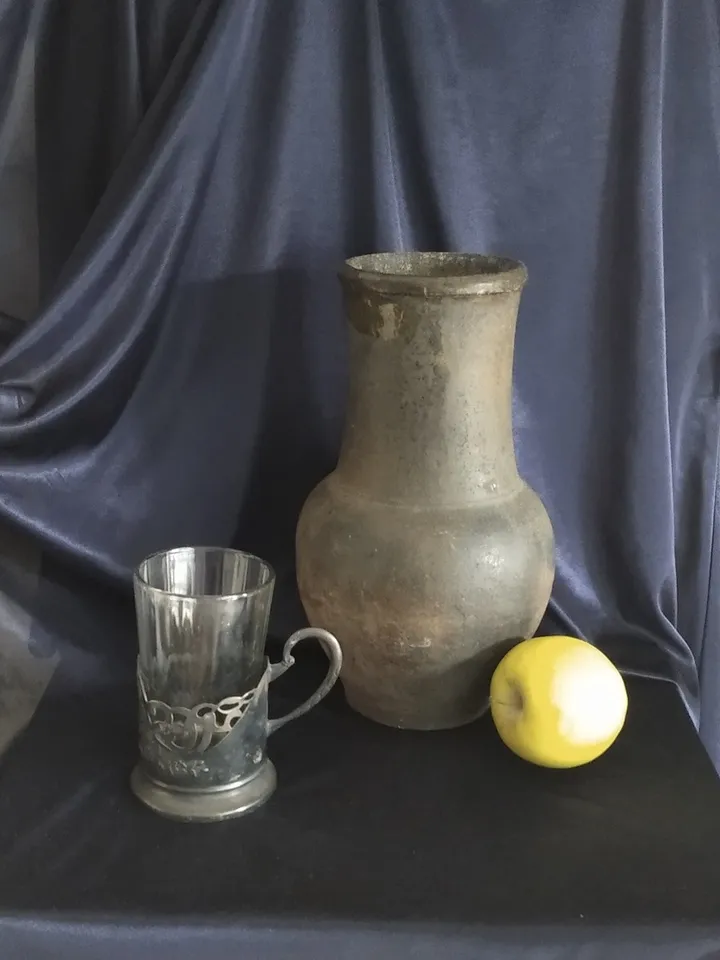 Oil Painting Still Life with Apple and Jug, Glass Goblet on Metal Stand. Vintage Items. Miniature Oil Painting 12x10 Inches