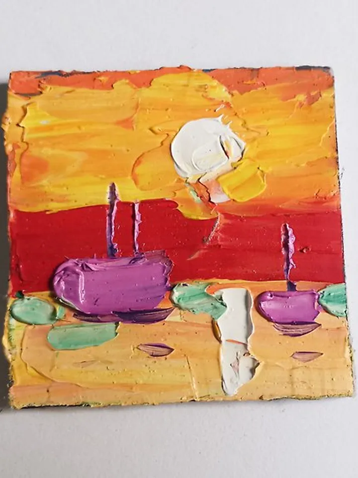 Sailboat Painting Small Original Art Impasto Oil Painting 2 x 2 in by Verafe