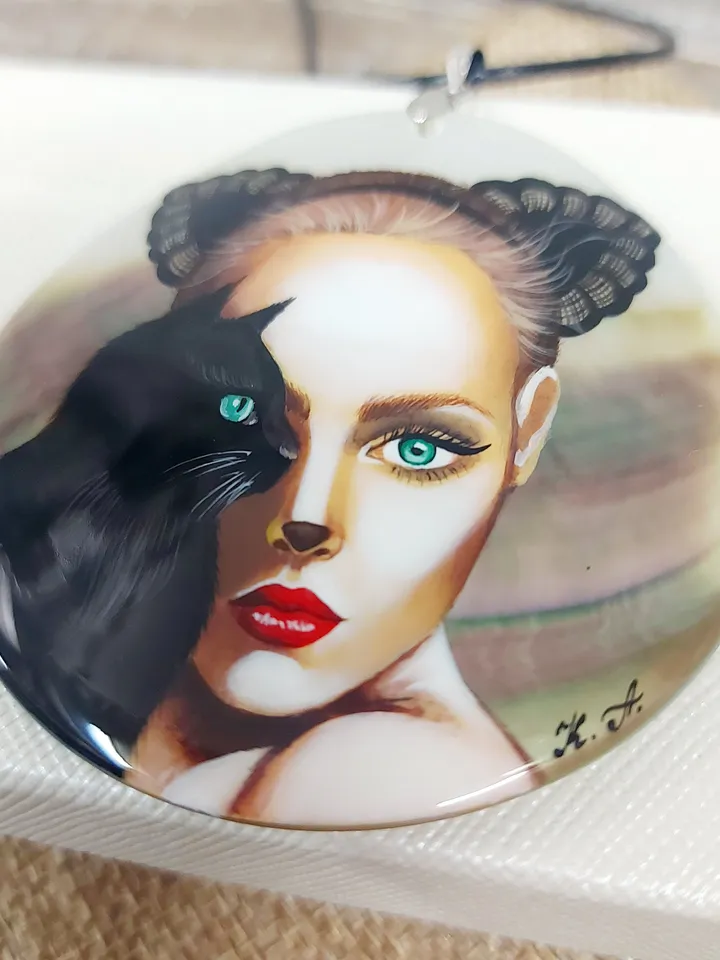 Pearl pendant necklace: Catwoman with Green Eyes and black Cat on handmade jewelry pendant • Statement dainty necklace for evening dress