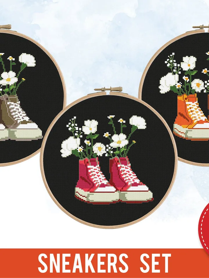 Sneakers with Flowers Bundle of 3 cross stitch pattern nature style boy girl nursery decor counted chart gift DIY embroidery, instant PDF