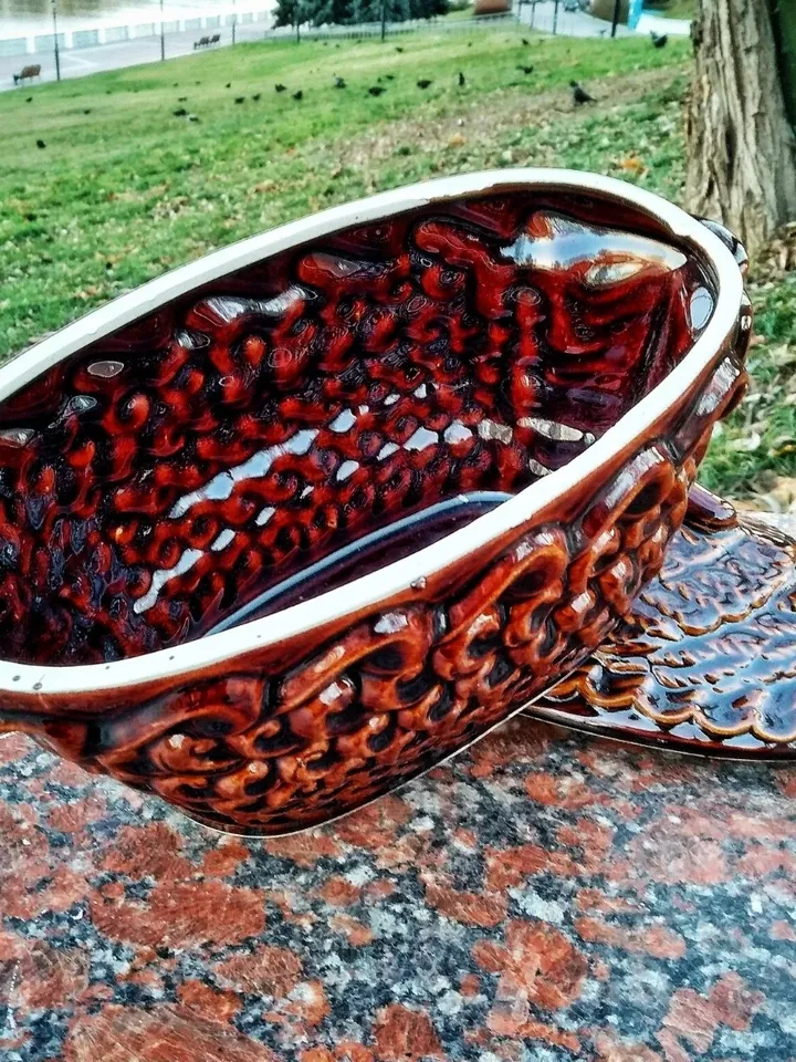Ceramic pottery casserole Casserole with lid and handles carved pattern Handmade