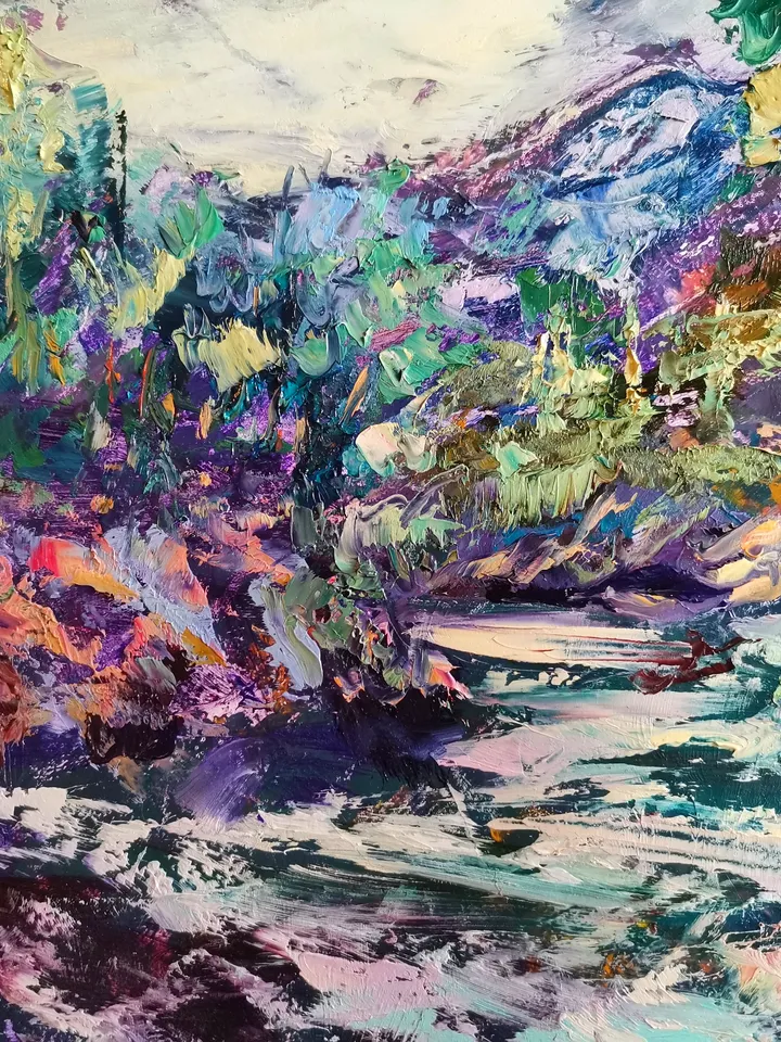 Forest Mountains River Impasto Painting Original Oil Art Artist Svinar Oksana
