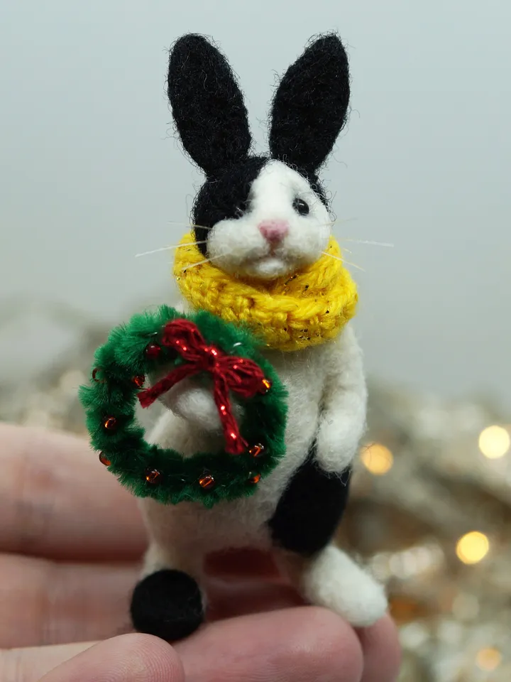 Cuddles the rabbit, needle felted black and white rabbit, Christmas gift, ships from the US