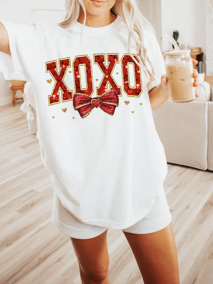 Valentine XOXO Coquette Sparkly Glitter Png, Valentines Day Shirt Design, Valentines Day PNG, Xoxo PNG, Red Faux Sequins Valentines Png