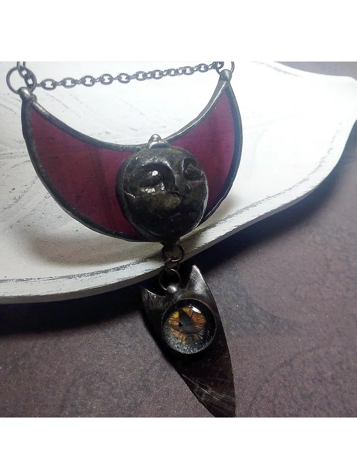 Moon crescent necklace, blood moon necklace, Moon Goddess, black Lilith, Halloween moon, witchy aesthetic, witch bat