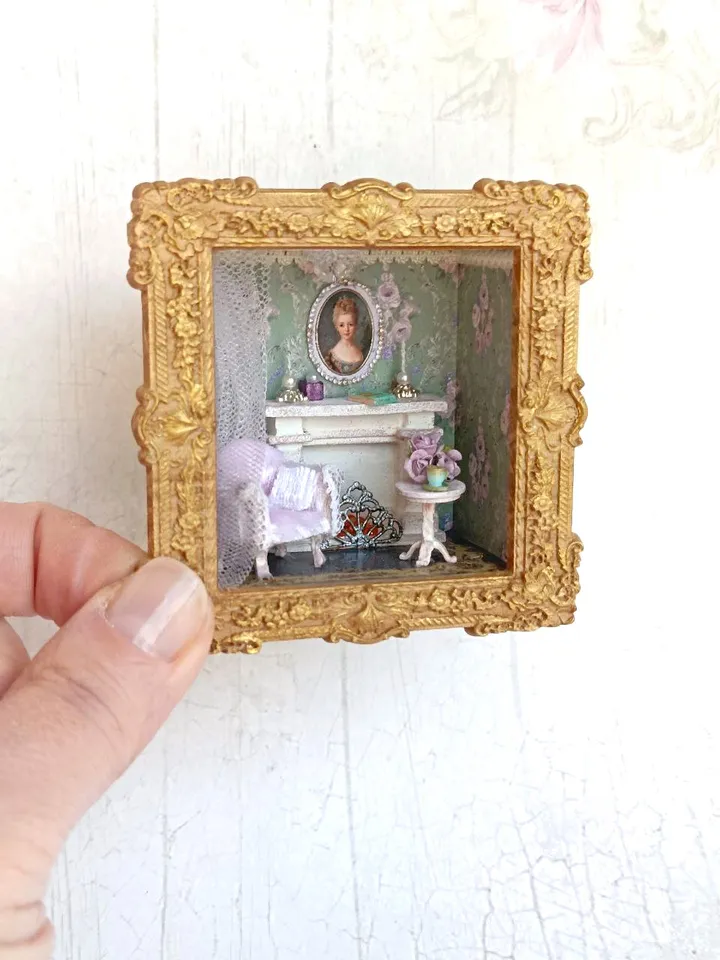 Miniature living room with white fireplace, miniature 1/48 scale dollhouse with furniture
