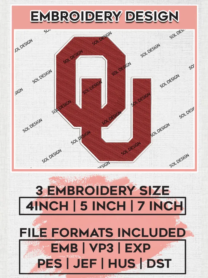 Oklahoma Sooners Logo Machine Embroidery Design, NCAA Oklahoma Sooners Embroidery Design Design files, NCAA Embroidery Designs, NCAA Machine Embroidery Designs, Digital Download