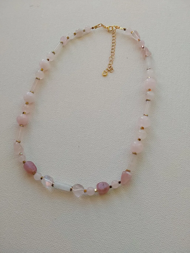 Choker, necklace, beads made of natural stones. Rose quartz and hematite. 45-50 cm. Delicate, airy decoration for the neck