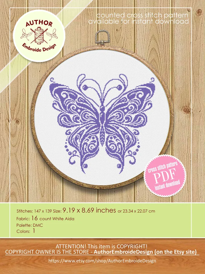 Mandala butterfly cross stitch pattern PDF download Monochrome butterfly digital PDF, Vintage butterfly ornament cross stitch chart #M213