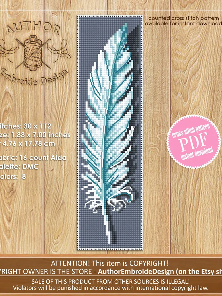 Feather bookmark cross stitch pattern download PDF Modern handmade bookmark digital PDF, Feather cross stitch chart, Bird bookmark #B78
