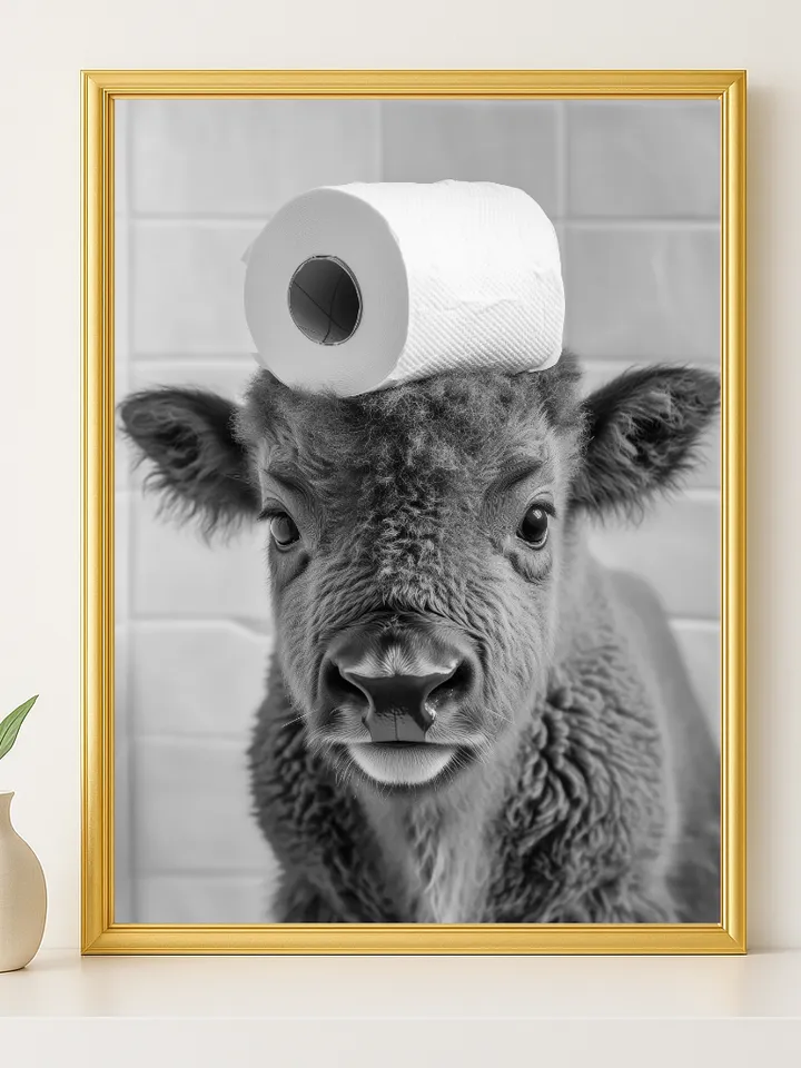 Funny Cow Bathroom Wall Art, Highland Calf with Toilet Paper Print, Farmhouse Humor Decor, Adorable Animal Digital Download